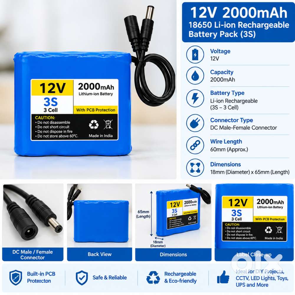 12V 2000mAh 18650 Li-ion Rechargeable Battery Pack (3S)