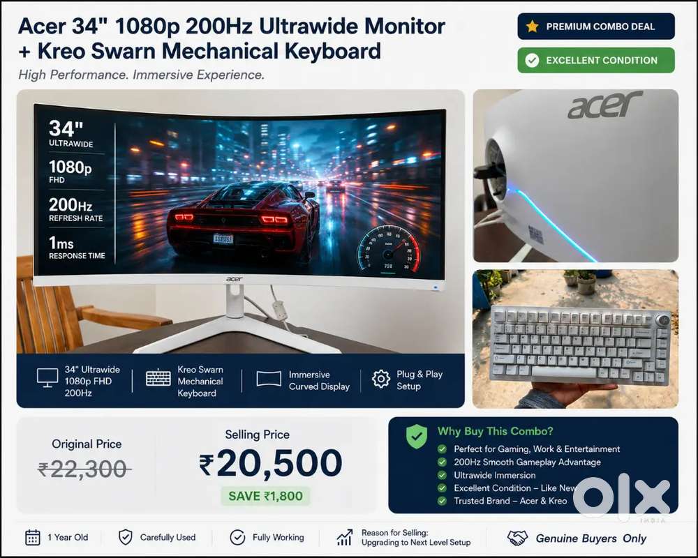 Acer 34 1080p 200hzUltrawide Monitor + Kreo Swarn Keyboard  1 Year Old
