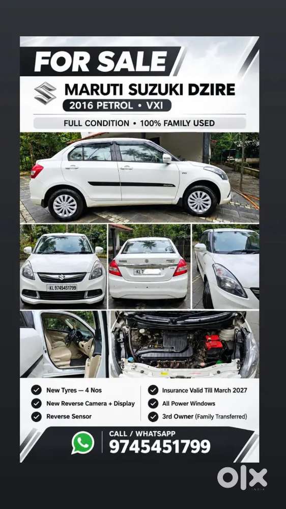 Swift Dzire 2016: Ful Condition, Insurance + All New Tyres Family Used