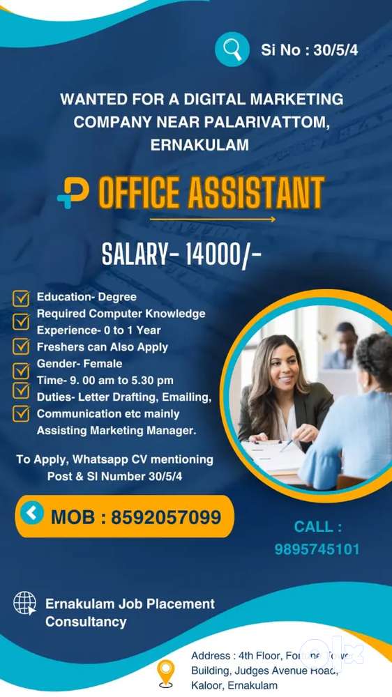 Office Assistant Vacancy near Palarivattom Ernakulam Office