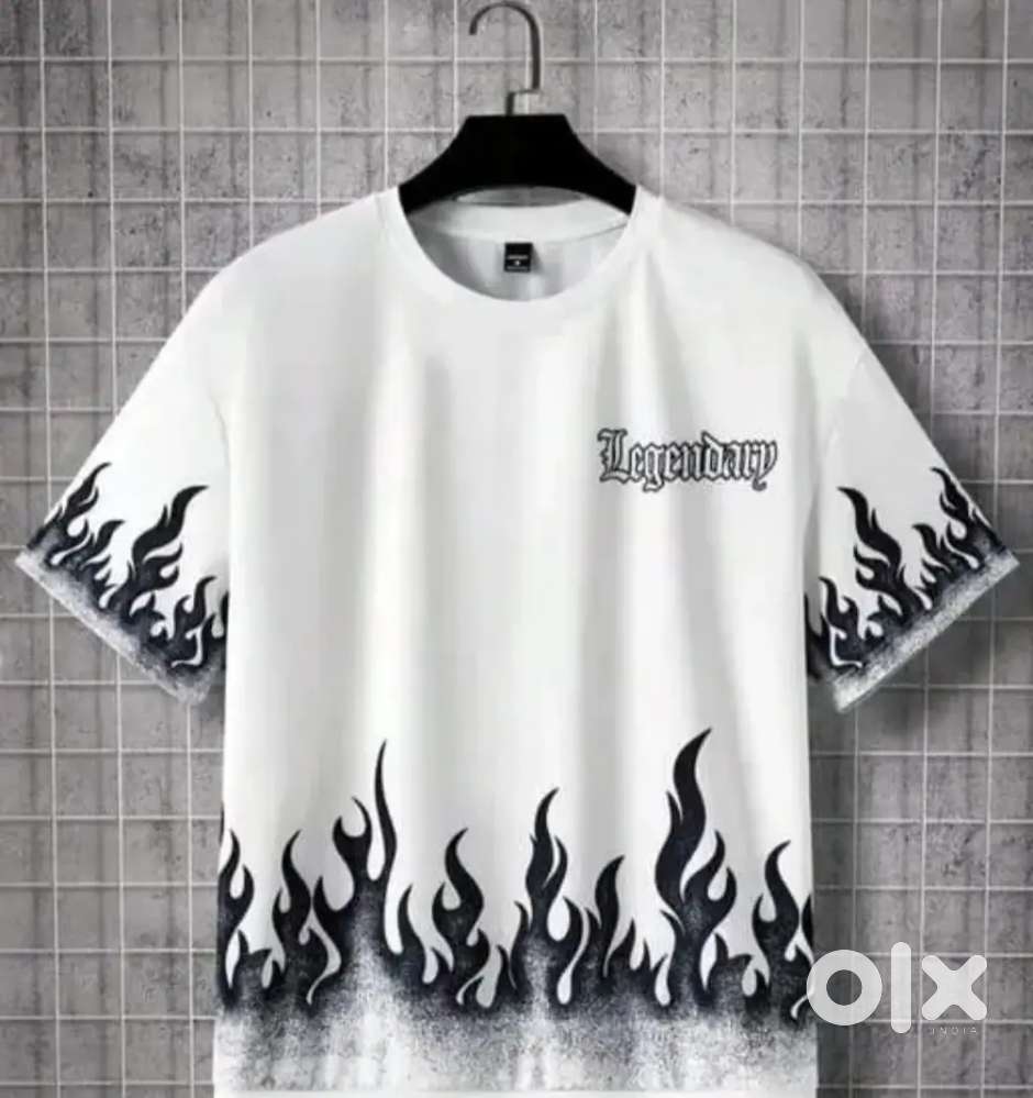 Men's Stylish White Flame Print Oversized T-Shirt Trendy Casual