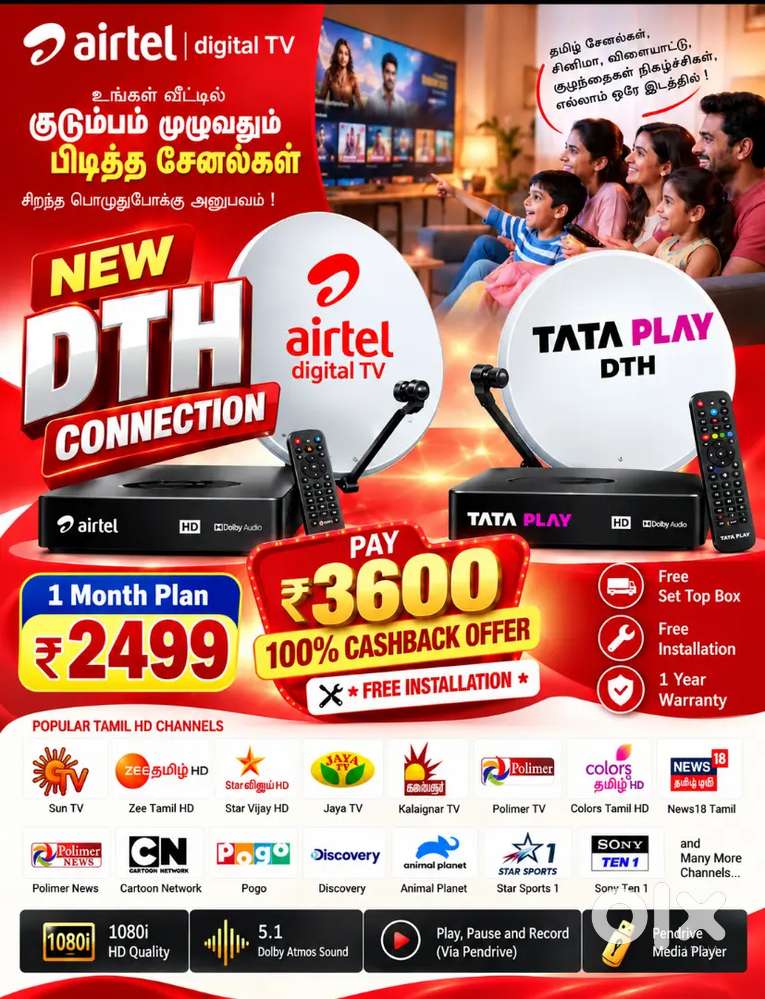 AIRTEL DIGITAL TV ! TATA PLAY ! DTH CONNECTION ! 1 MONTH TO 1 YEAR !