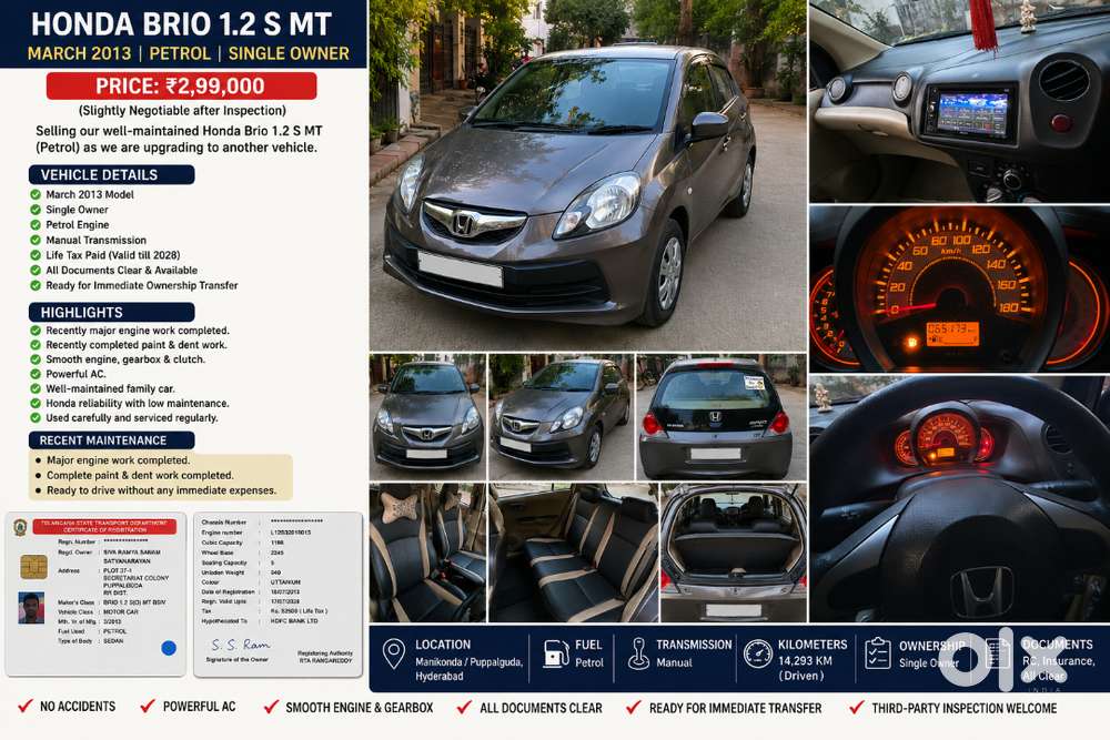Honda Brio 1.2 S Mt  March 2013  Single Owner  Hyderabad