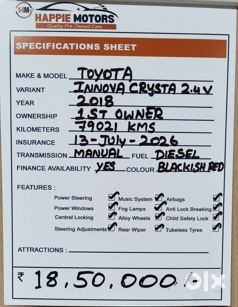 Toyota Innova Crysta 2.4 V 8 Str, 2018, Diesel