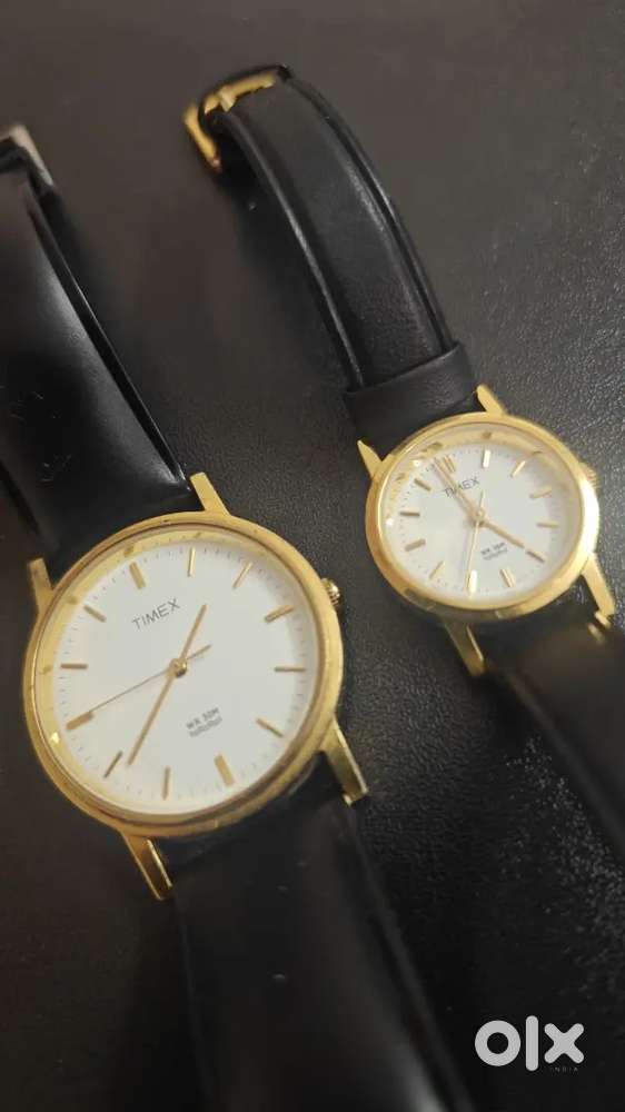 Timex Couple Watches Set | Men & Women | Black Strap | Gold Tone