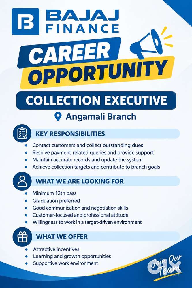 Collection Executive Vacany At Bajaj Finance Angamali Branch