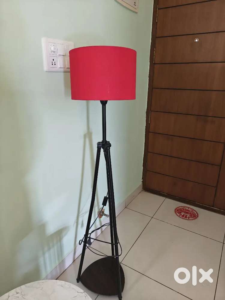 Tripod Floor Lamp with Red Fabric Shade &ndash; Good Condition