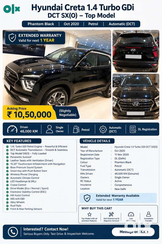 Hyundai Creta 2020 Petrol With 1 Year Extended Warranty