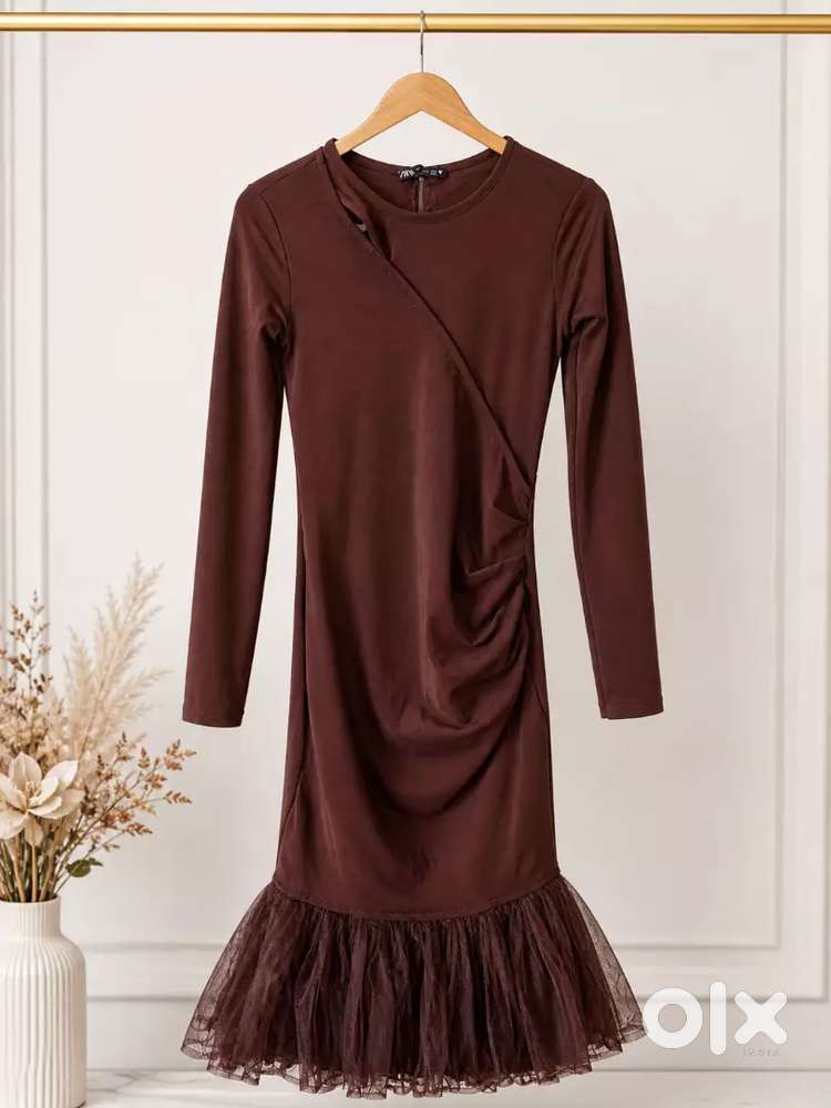ZARA Brown Bodycon Dress with Ruffle Hem  Stylish & Elegant - Women in  undefined, - 1842466881