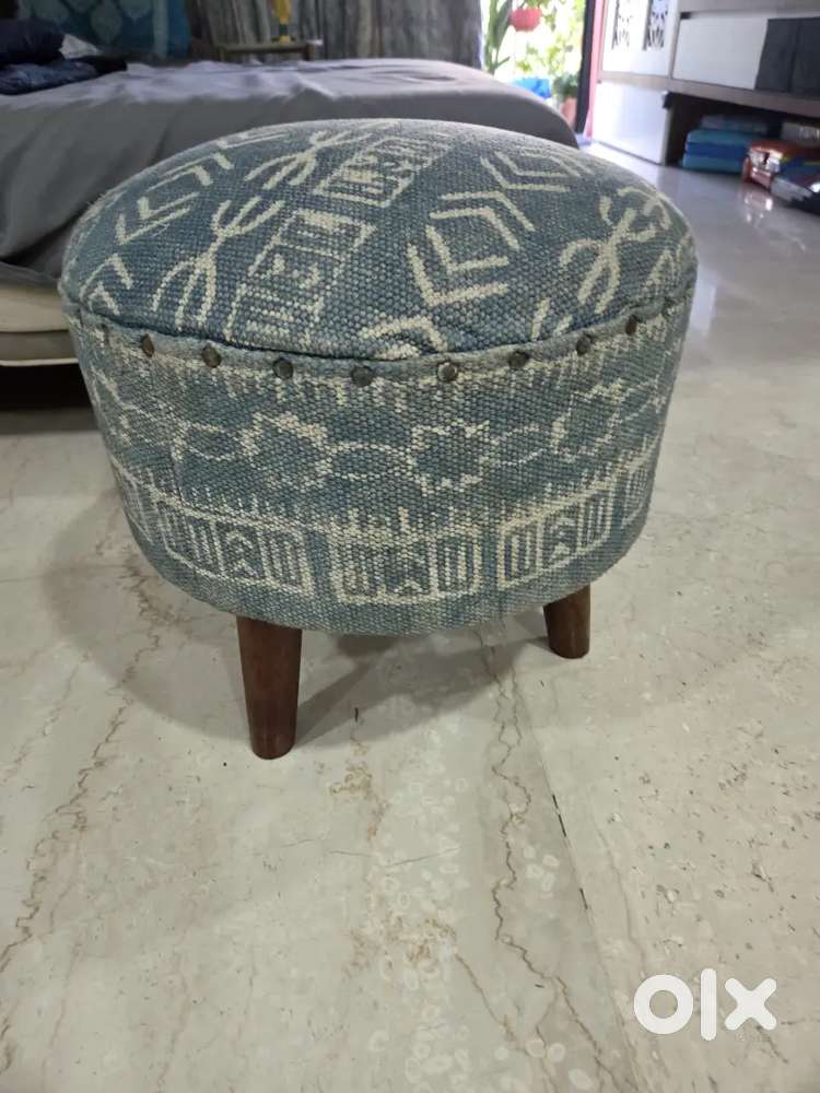 Ottoman Indigo Dhurrie Fabric with Wooden Legs footstool