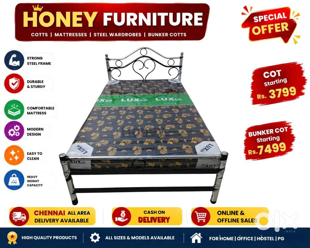 Black Metal Steel Cot Beds Mattress - Holiday Offers / Hostel Bunker