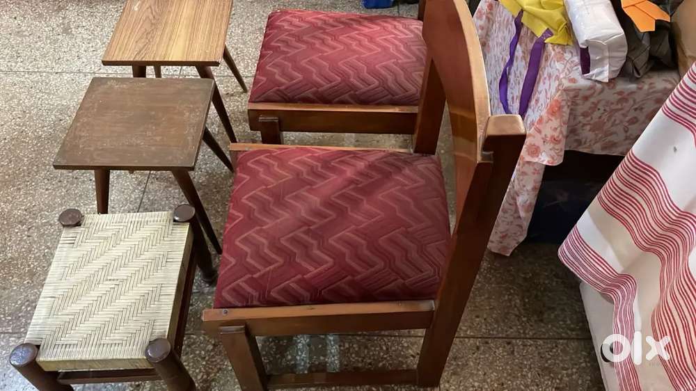 2 good wood chairs and 3 stools for sale