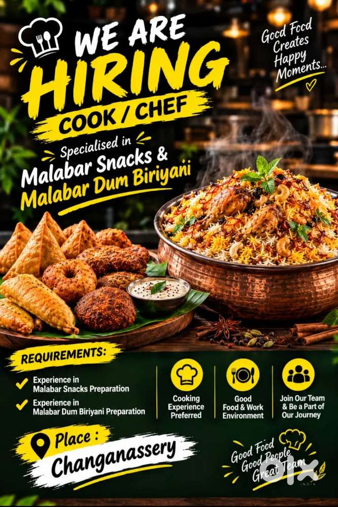Cook / Chef Required ; Malabar Snacks & Malabar Dum Biriyani