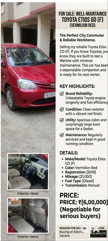 For Sale: Well-maintained Toyota Etios Liva (vermilion Red)