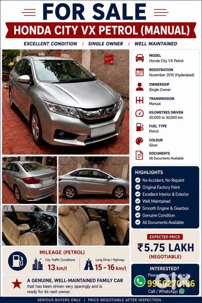 Honda City Vx Petrol 2015  Single Owner  20k Km  Excellent Cond