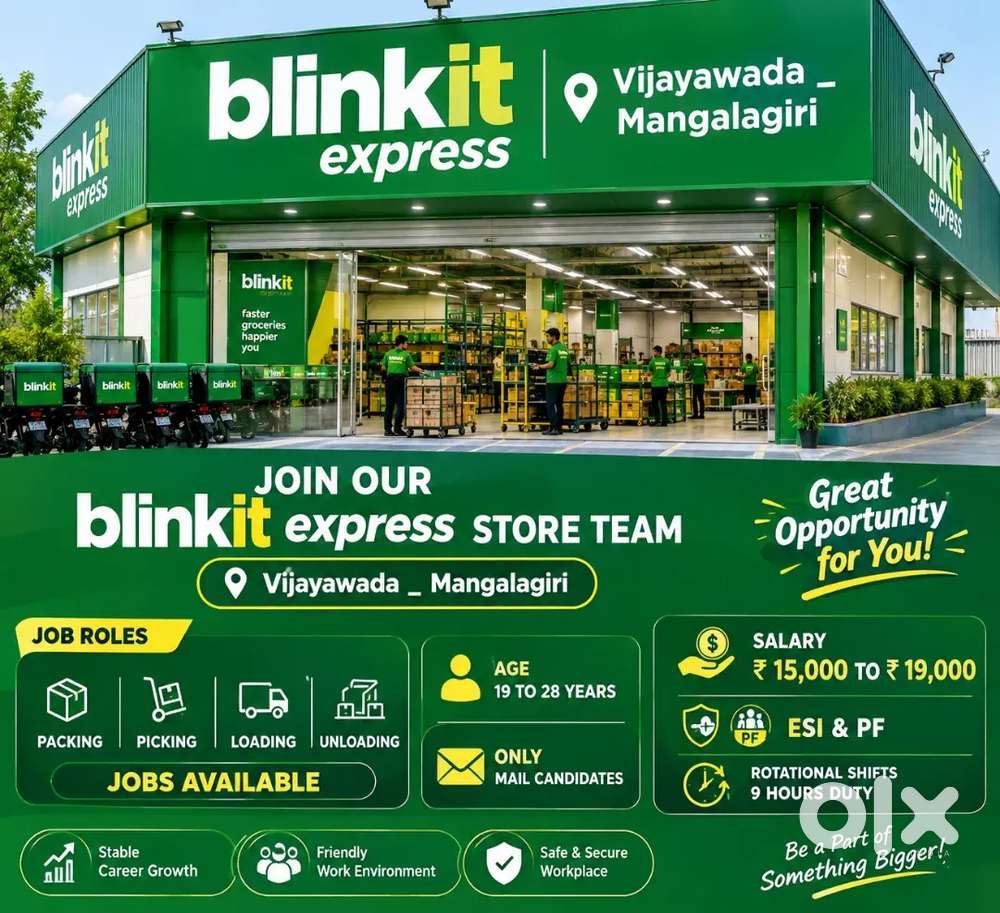 Vijayawada Mangalagiri Blinkit store lo work cheyutaku boys kavalenu