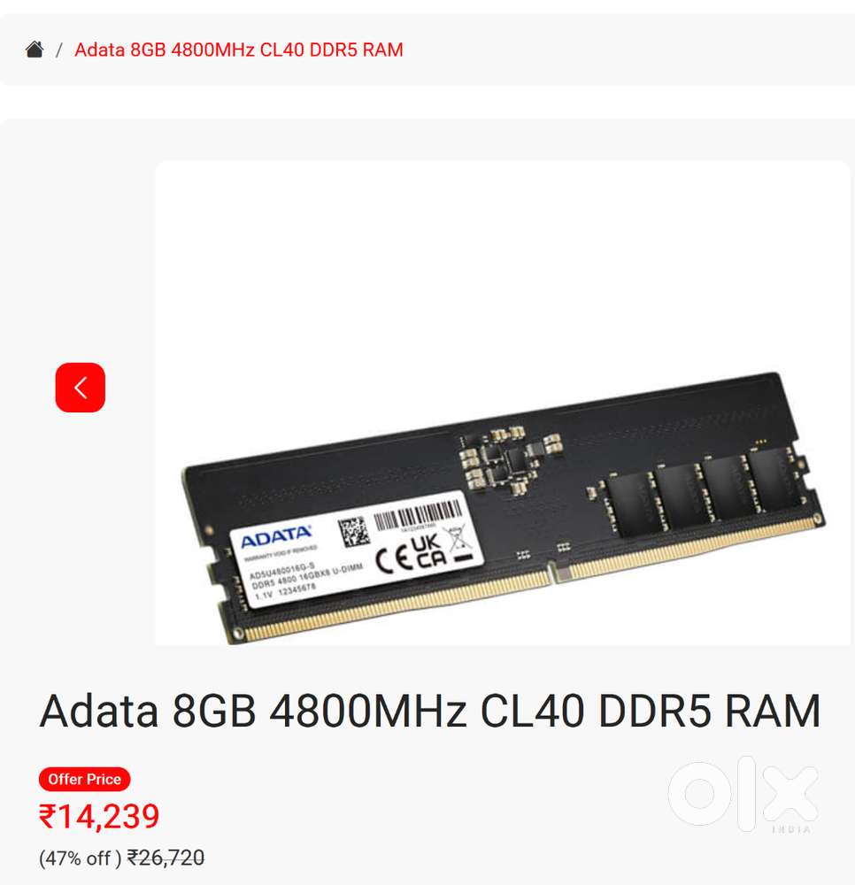 ADATA 8GB DDR5 4800MHz Desktop RAM (just a month old with invoice)
