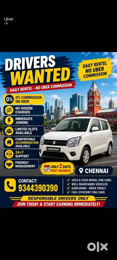 Driver Vacant Chennai Fleet, Ola, Uber,rapido Rent Available