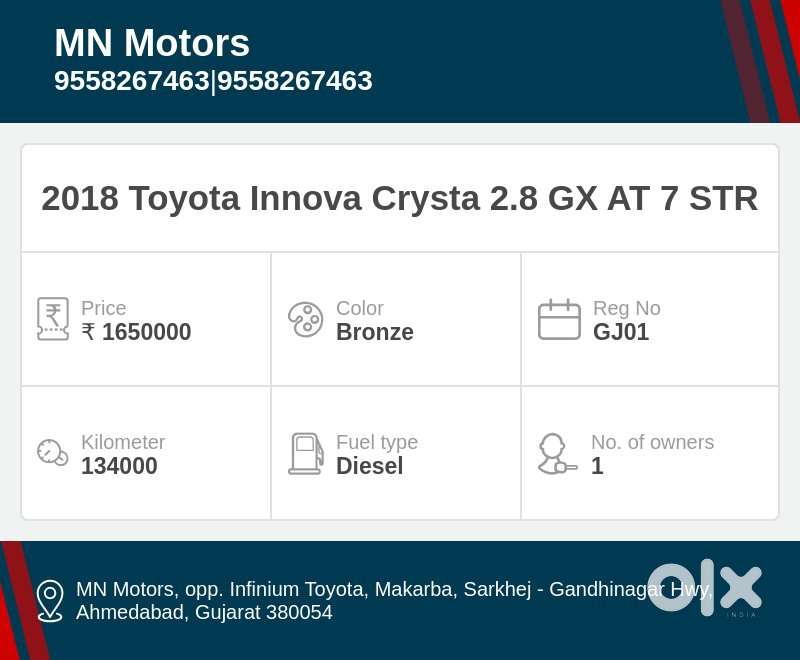 Toyota Innova Crysta 2.8 Gx At 7 Str, 2018, Diesel