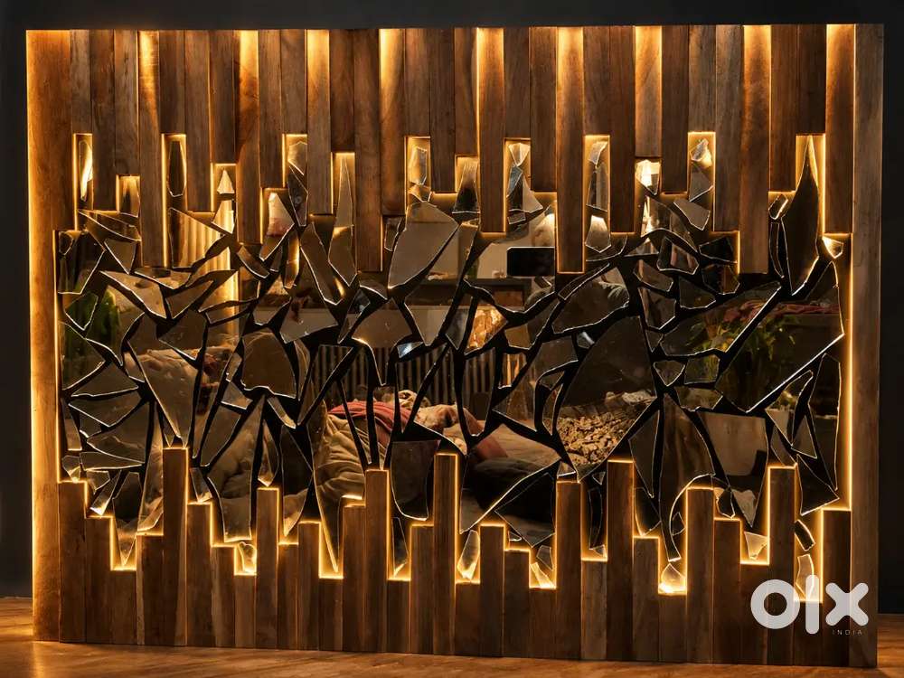 Rustic Wooden Backlit Broken Mirror Wall Panel  Luxury Decorative Acc