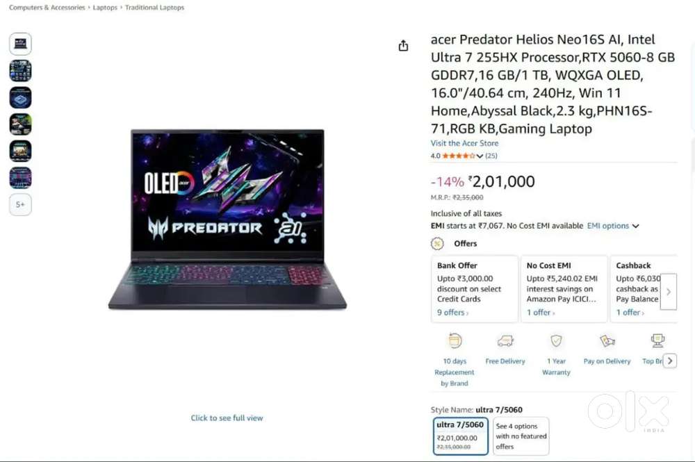 Acer Predator Helios Neo 16S(16gb/1Tb SSD),OLED,8Gb RTX5060,WUGXA,240h