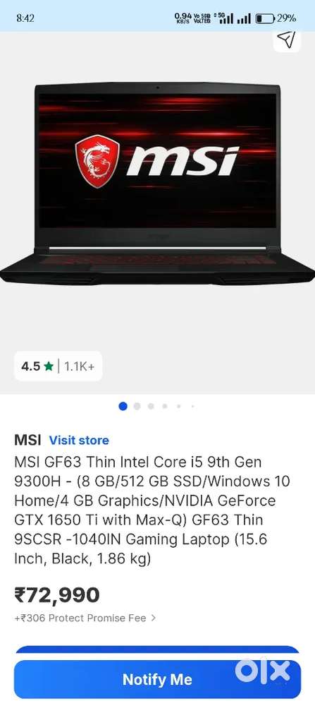 MSI GF63 (9SCSR series) gaming laptop with 4gb graphics card 512.SSD