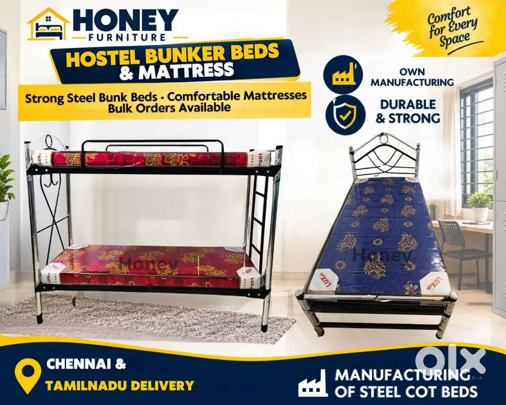 BUY NOW STEEL COTS, HOSTEL BUNKER /  ASSEMBLY TYPE STEEL COT BED SALES