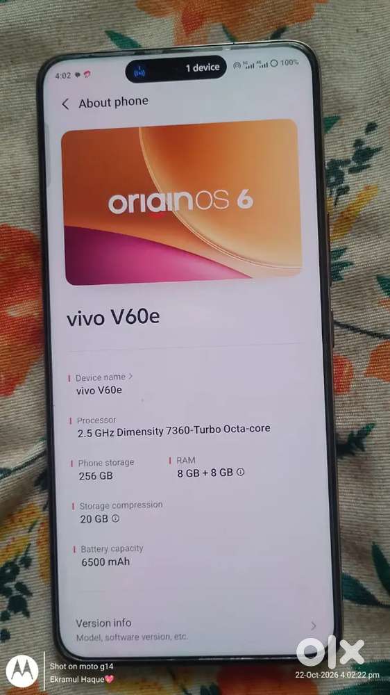 V60E 5g 8gb Ram 256gb storage good condition box Bill charger availabl