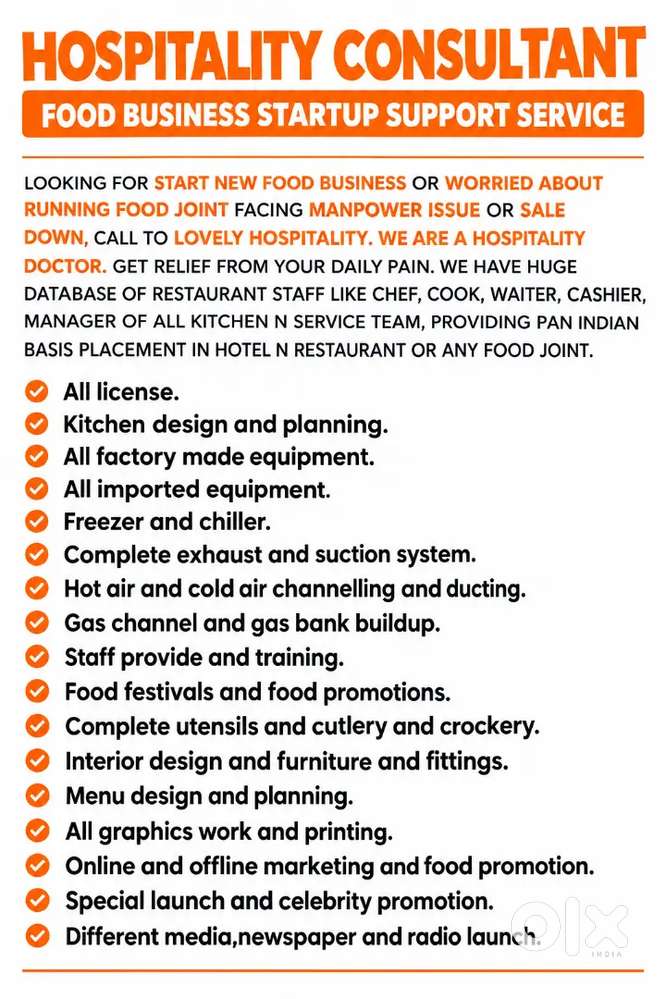 Food business planner , Hospitality Consultant ,staff providef chef