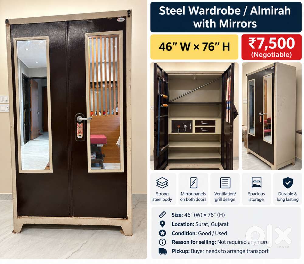 Steel Wardrobe / Almirah with Mirrors &ndash; 46&rdquo; &times; 76&rdquo;