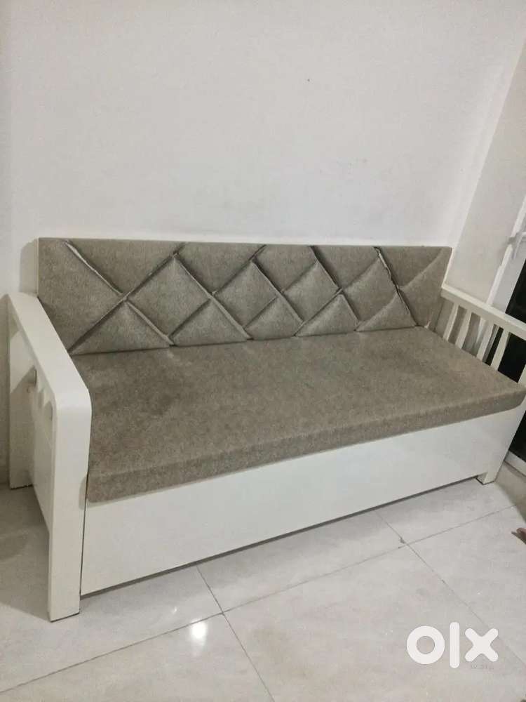 Metal Sofa with storage and Grey Cushions; White Finish
