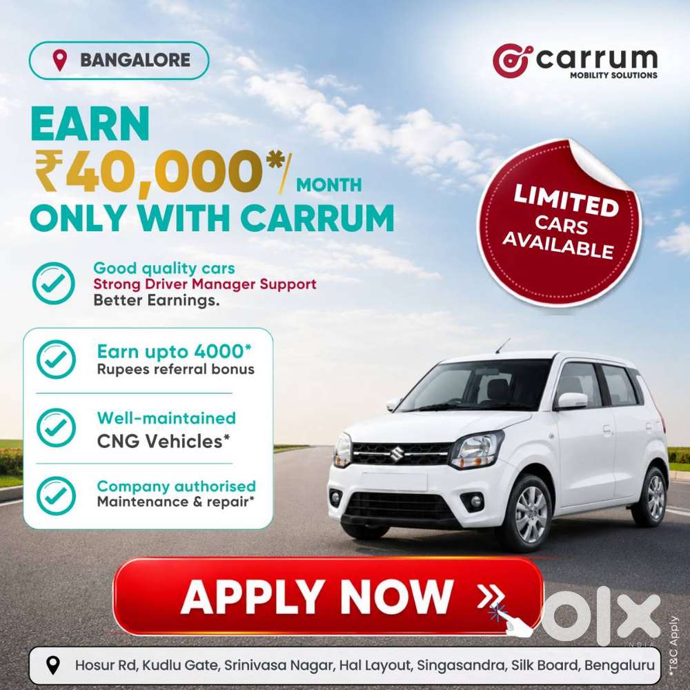 Uber Go Driver Vacancy Bengaluru  Company Car ₹40K Monthly ₹0 Deposit