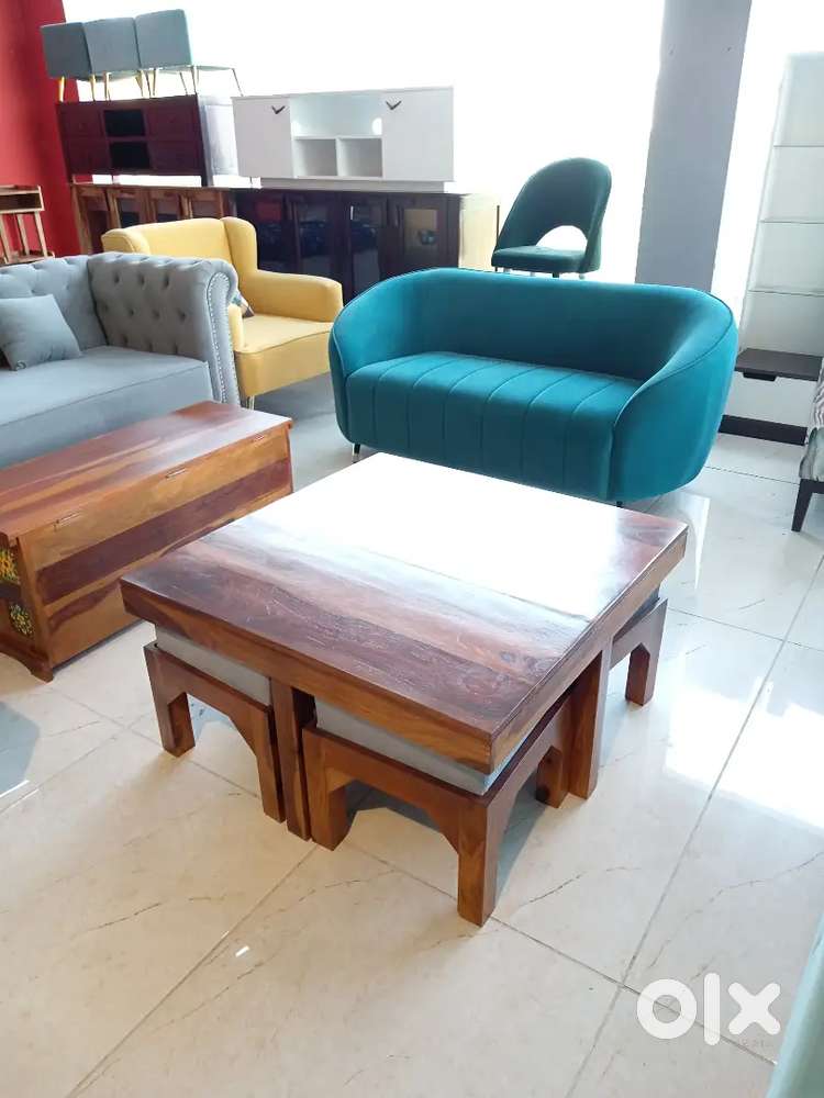 Center table cum dining table made in solid sheesham wood with 4 puffy