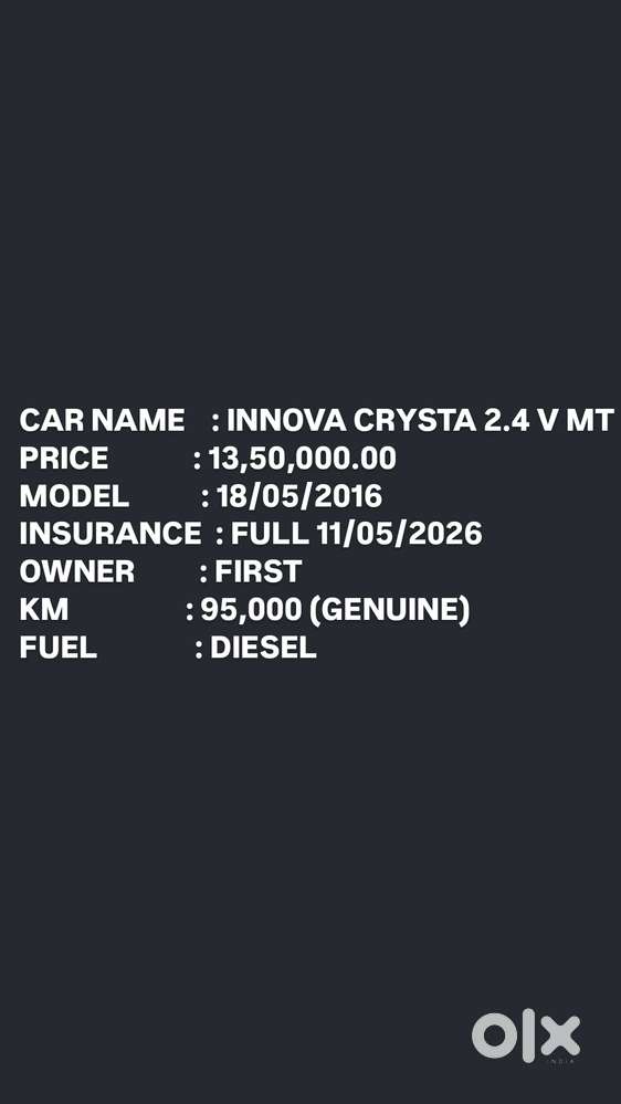 Toyota Innova Crysta 2.4 V 7 Str, 2016, Diesel