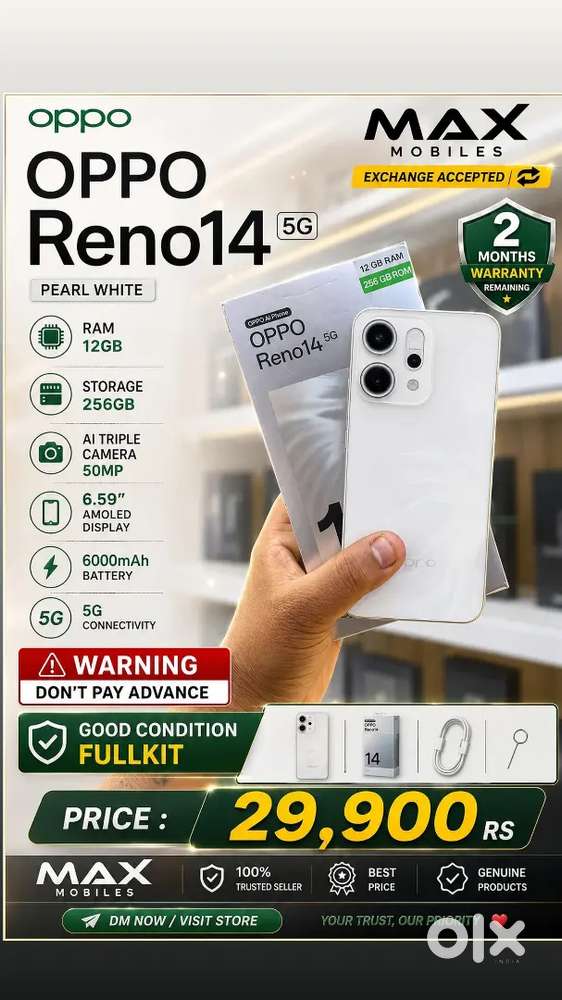 OPPO RENO 14 5G ( PEARL WHITE)

RAM : 12GB

STORAGE : 256GB