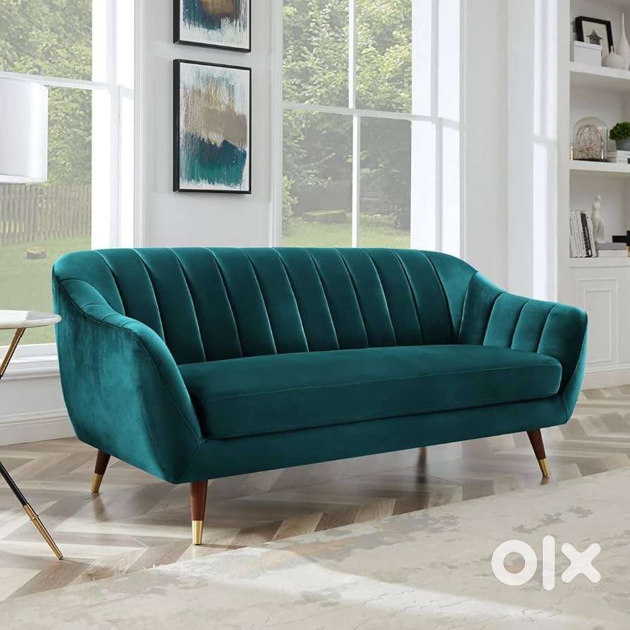 3 Seater Ocean Blue Suede Velvet Fabric Sofa with Two Cushions