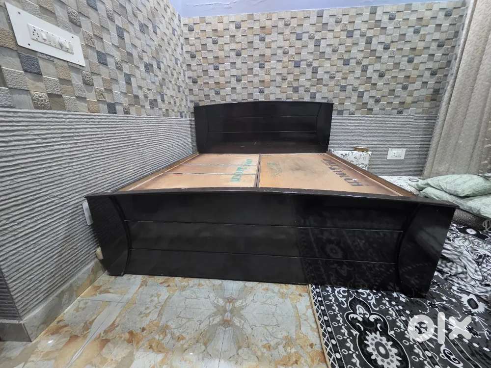 Solid Wooden Double Bed with Side-Opening Storage (Brown Finish)