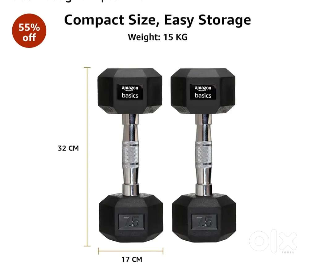 amazon basics Rubber Encased Hex Dumbbell Weight Set Of 2, 7.5 Kg,Blac