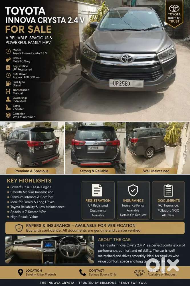 Toyota Innova Crysta 2017 Diesel Manual 1st Owner