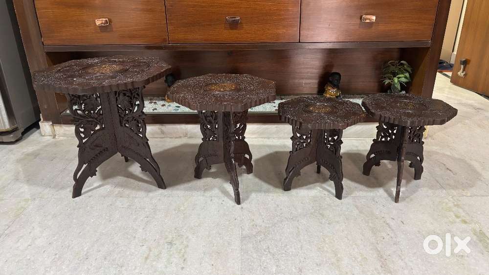 Set of 4 Ornate Handcrafted Wooden Stools - Traditional Kashmiri style