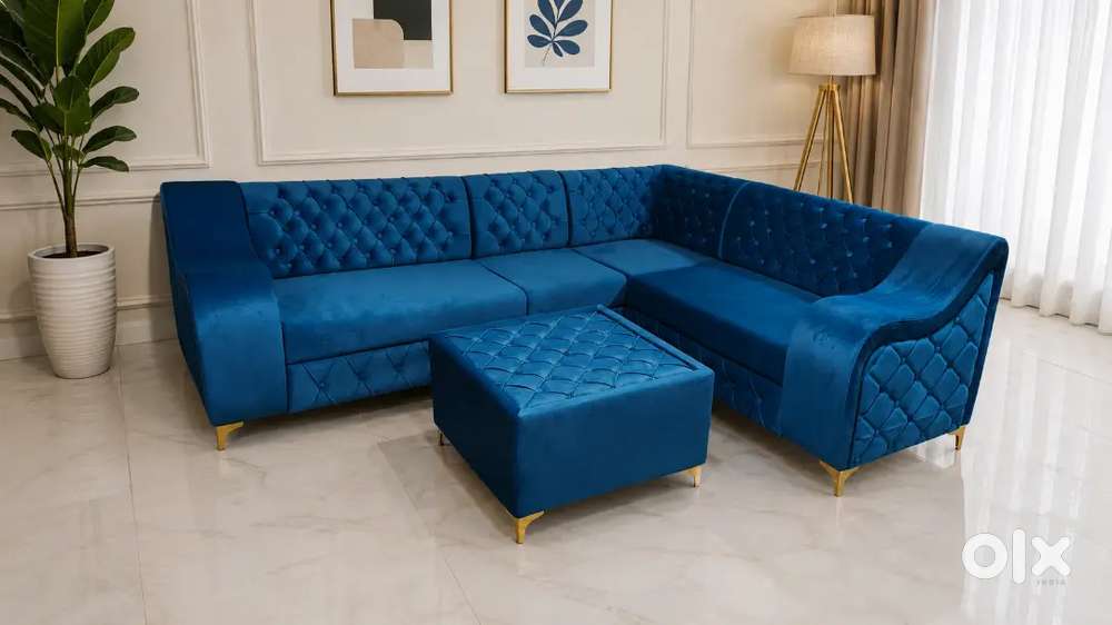 Premium Blue L Shape Sofa Set With Table Custom Color And Design