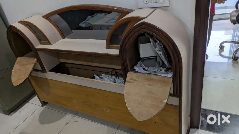 Wooden double bed headboard with storage and mirror