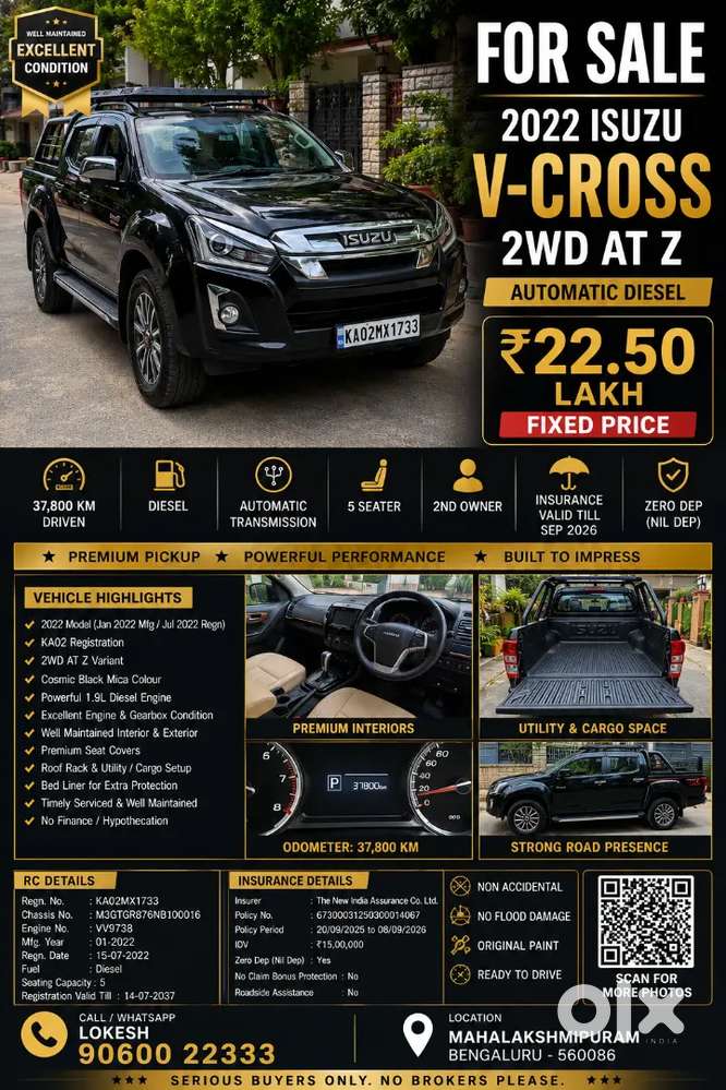 2022 Isuzu V-cross 2wd At Z  37,750 Km  Auto Diesel  Insurance 2026