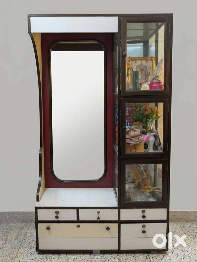 Wooden Dressing Table with Full-Length Mirror & Glass Display Cabinets