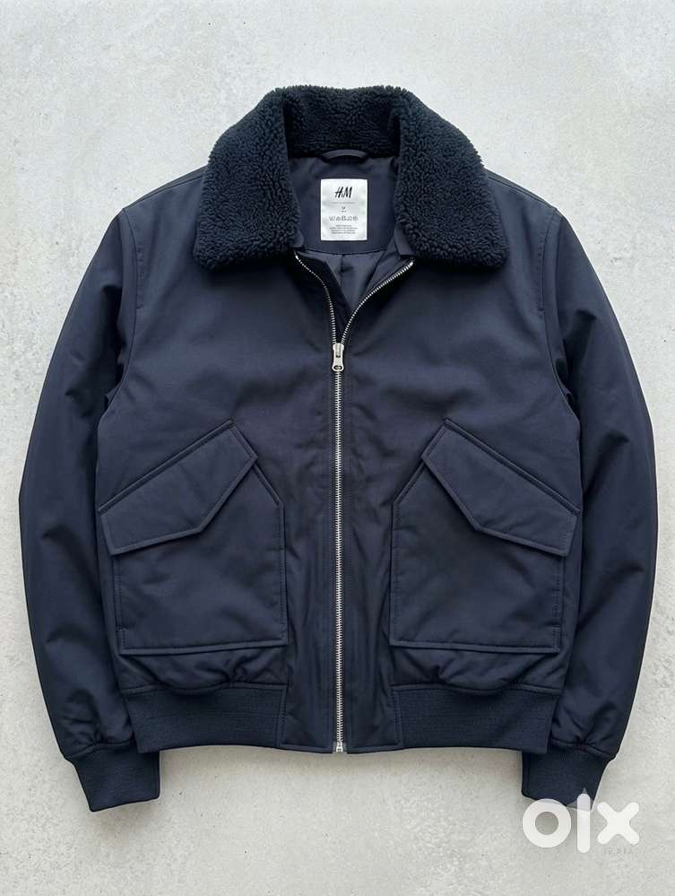 Original H&M Navy Blue Fur Collar Jacket for Sale