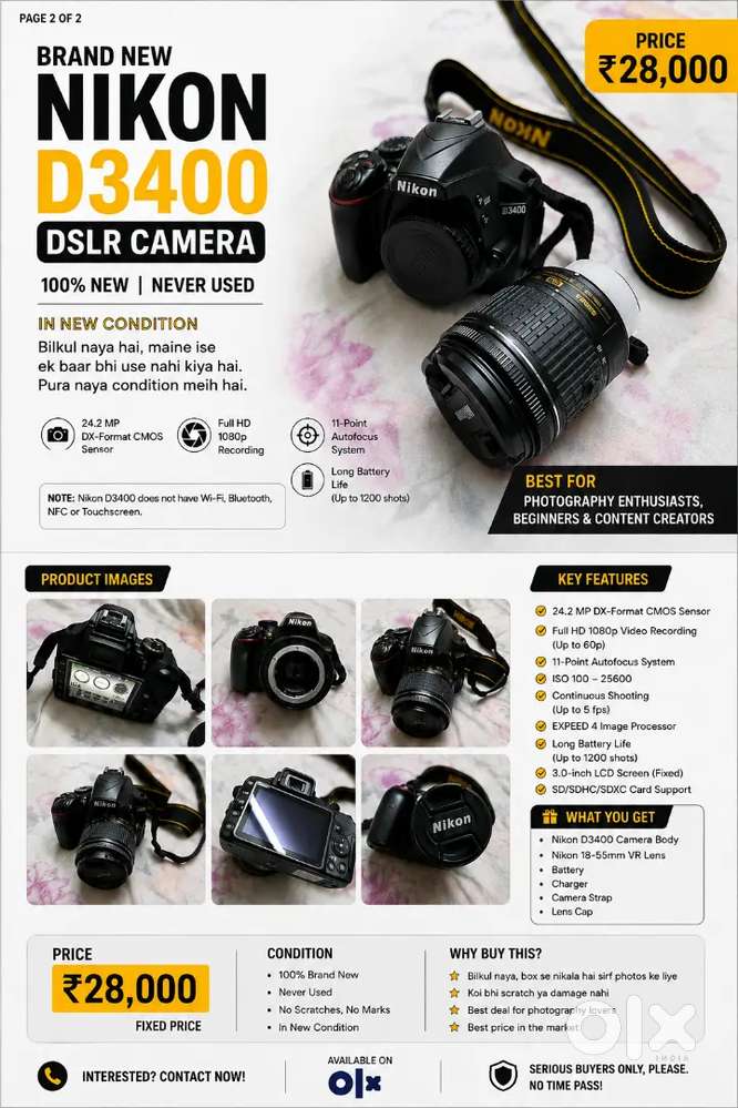Nikon D3400 DSLR Camera + 18-55mm VR Lens  Excellent Condition