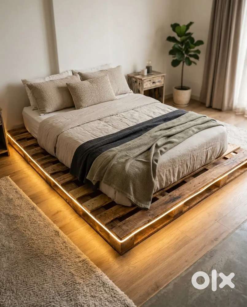 Handmade Wooden Pallet Bed Frame with Warm LED Accent Lighting