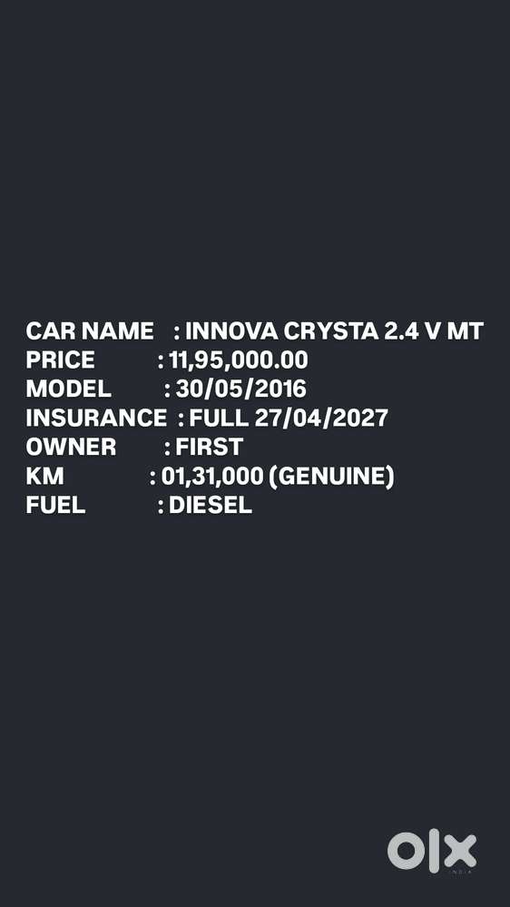 Toyota Innova Crysta 2.4 V 7 Str, 2016, Diesel