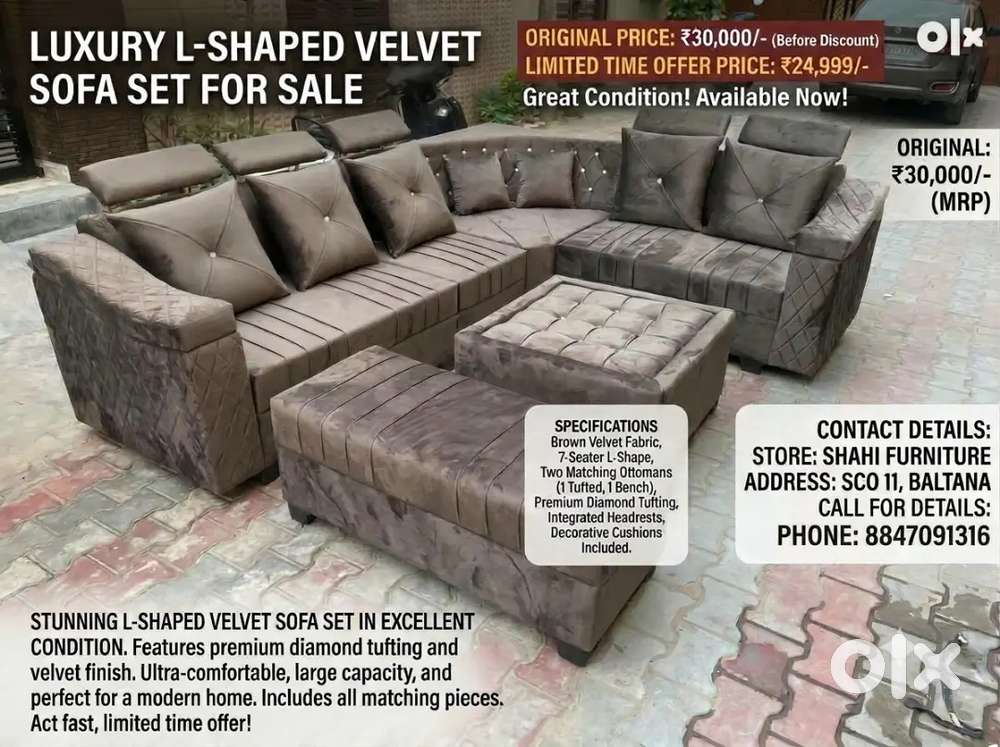 Luxury L-Shaped Velvet Sofa Set with Ottomans - Shahi Furniture Baltan