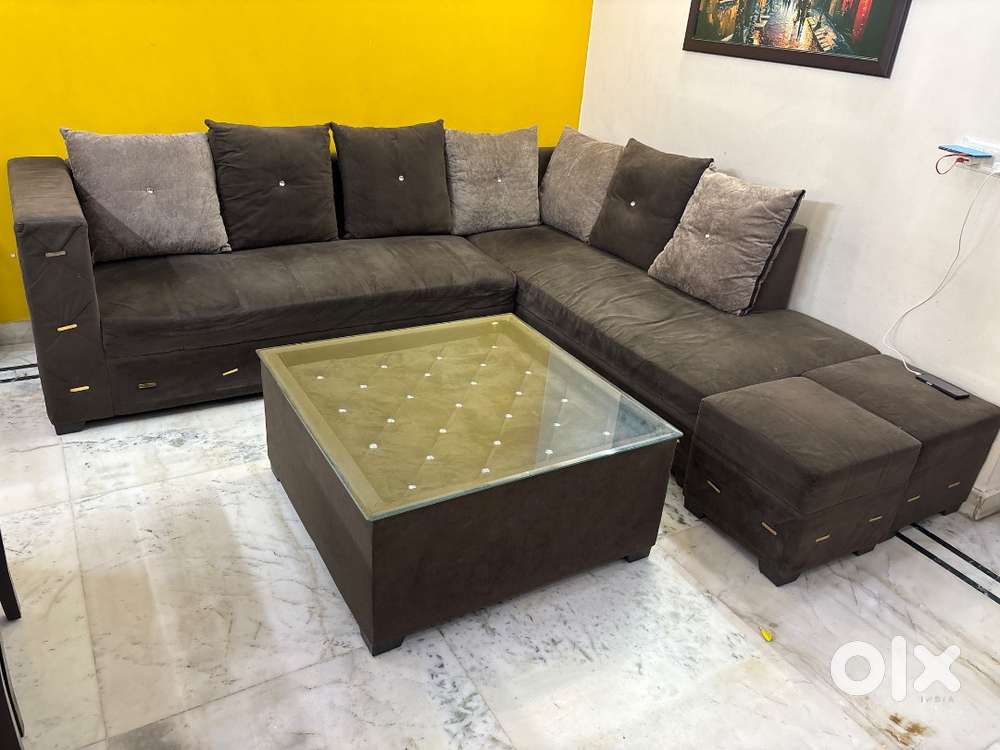 7 seater wooden Sofa set with 7 cushions, center table and 2 puffy/set